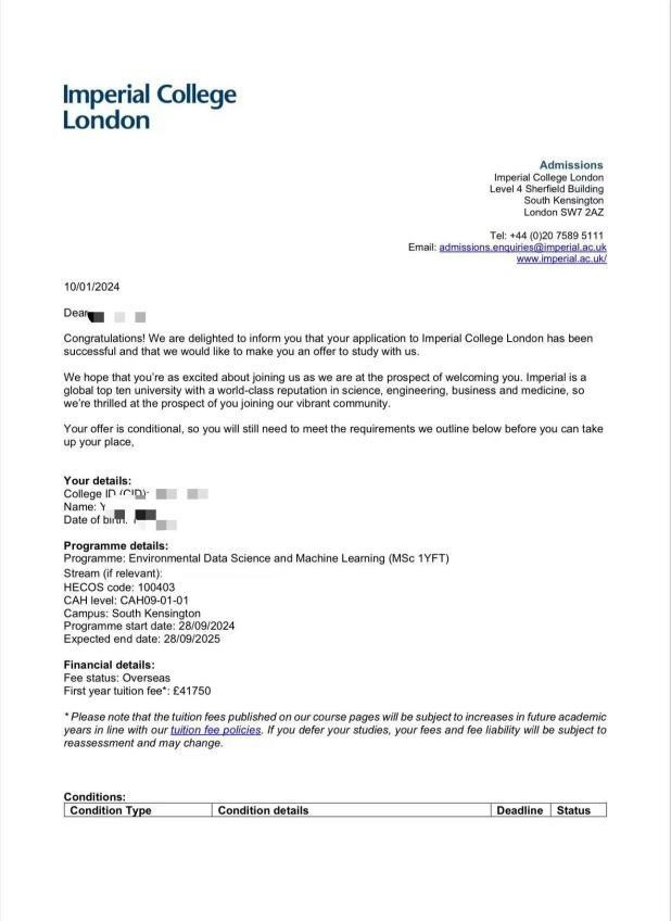 恭喜xxx同学获得帝国理工学院offer